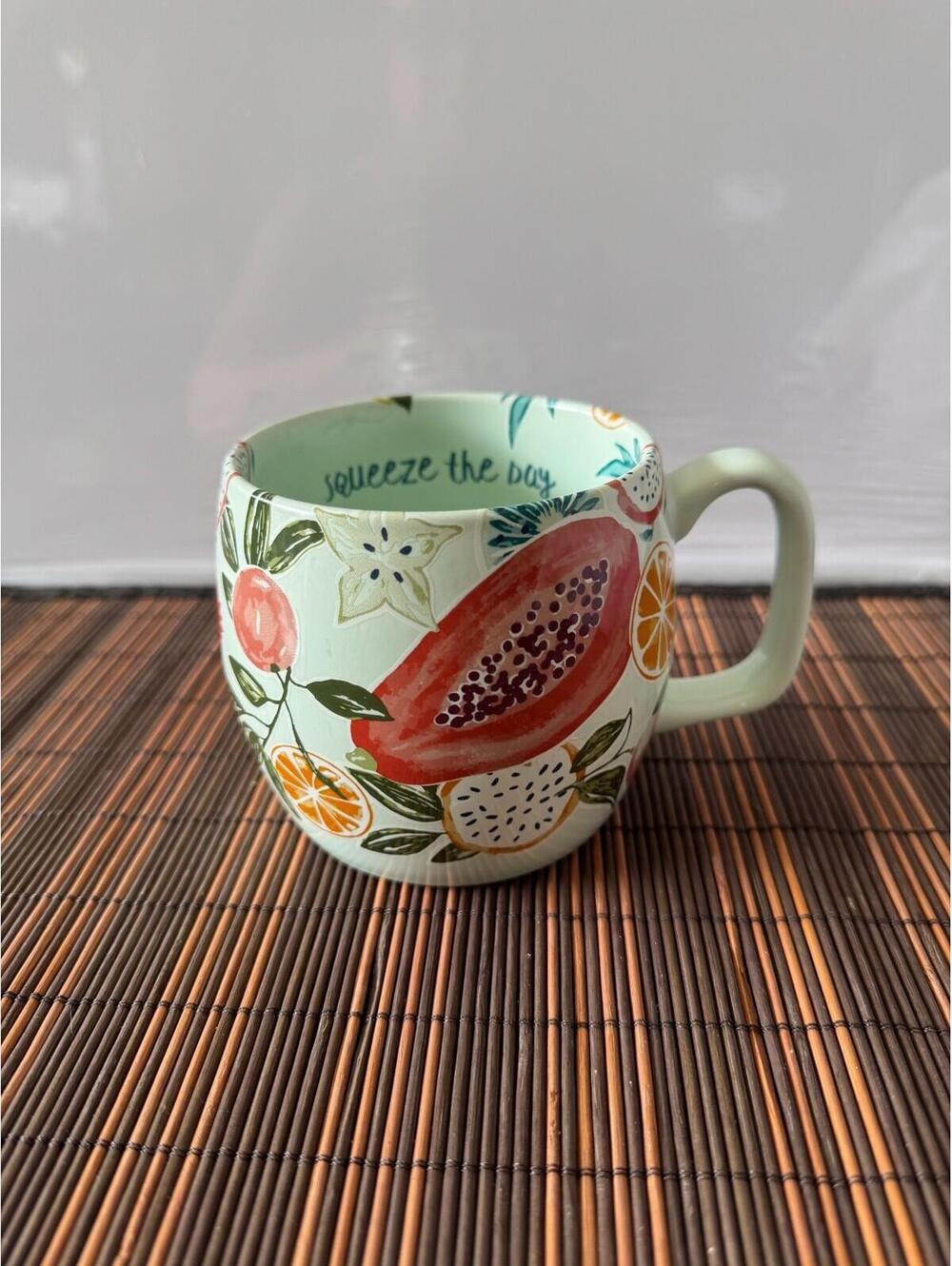OPALHOUSE “SQUEEZE THE DAY” Coffee Mug Cup Mint Green Fruit colorful 3.5" Tall